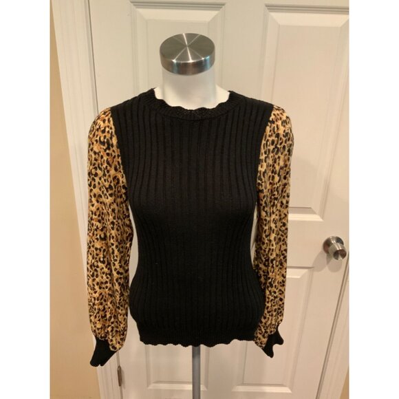 Current Air Black Sweater W/Brown Animal Print Puff Sleeves Size Small, NWT! - Picture 1 of 6